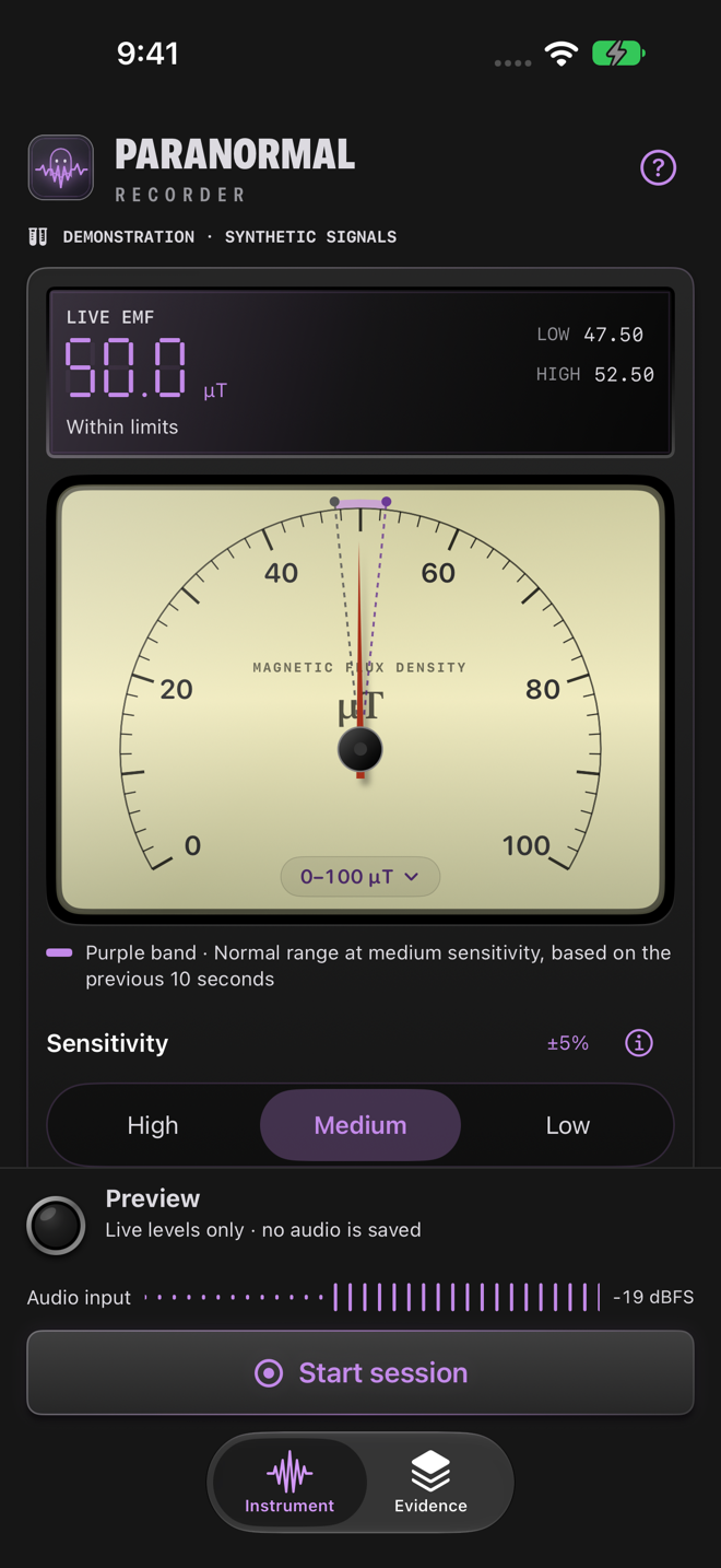 Paranormal Recorder’s magnetic-field instrument with labeled demonstration readings