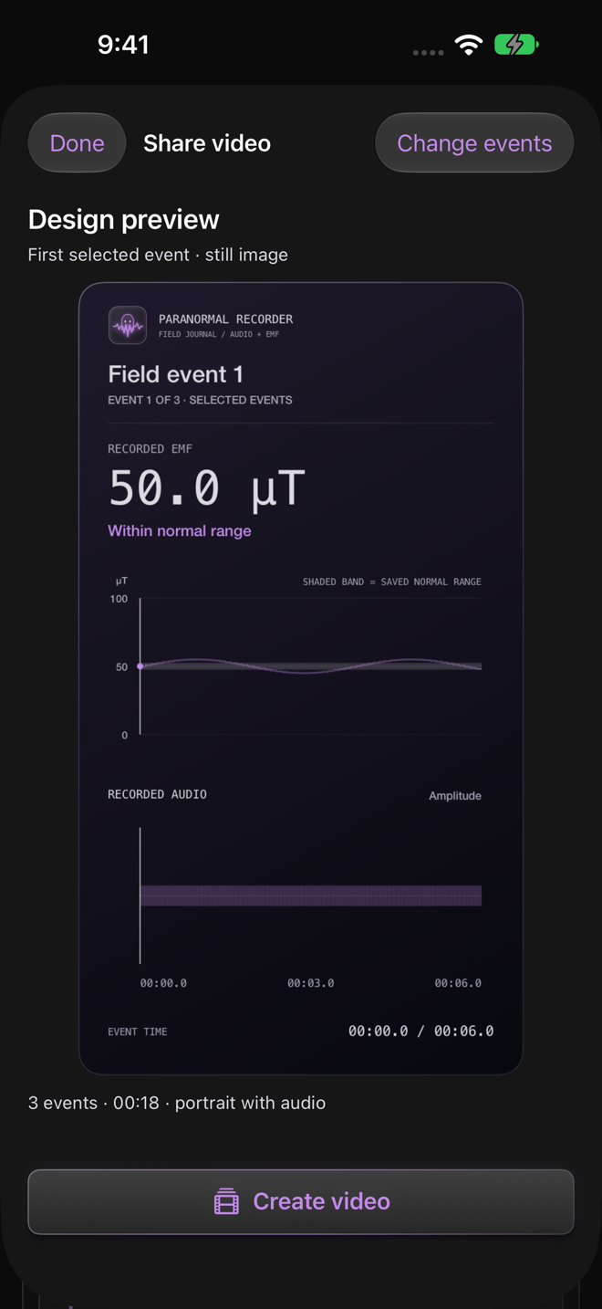 Paranormal Recorder’s video design preview with recorded EMF and audio graphs for selected events