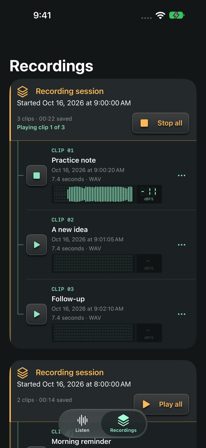 Private Ear playing a recorded clip with its level trace and dBFS display
