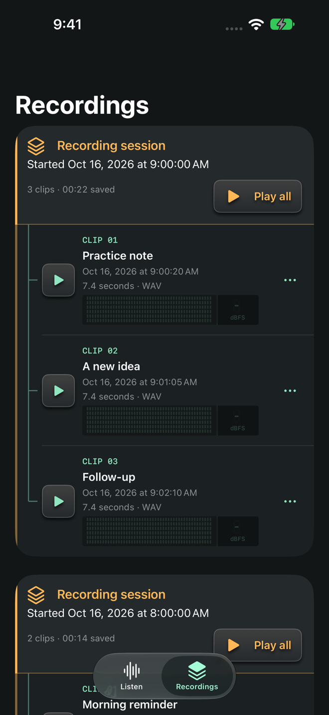 Private Ear recording library with clips grouped into sessions