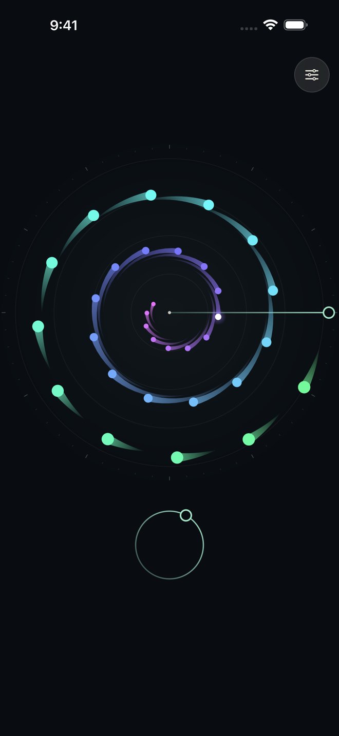 Visual Harmony on iPhone, with colorful orbiting notes, a movable trigger line, and a circular progress control