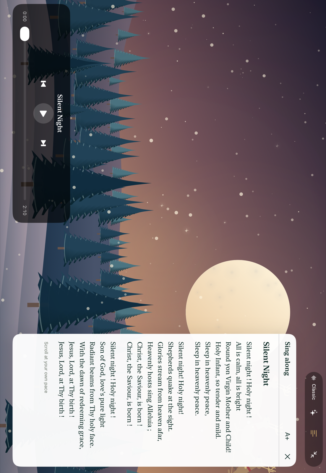 Christmas Carol on iPad in landscape with an animated winter scene and optional lyrics