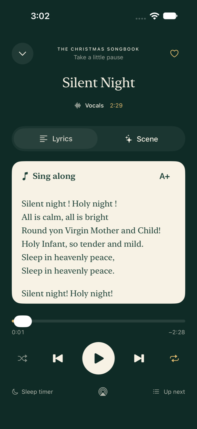 Christmas Carol displaying Silent Night and its scrollable lyrics