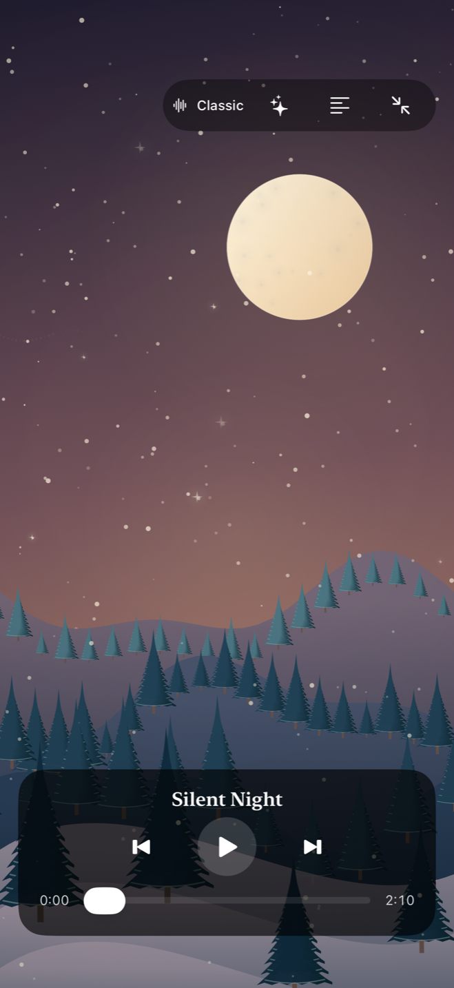 Christmas Carol’s fullscreen winter landscape with playback controls